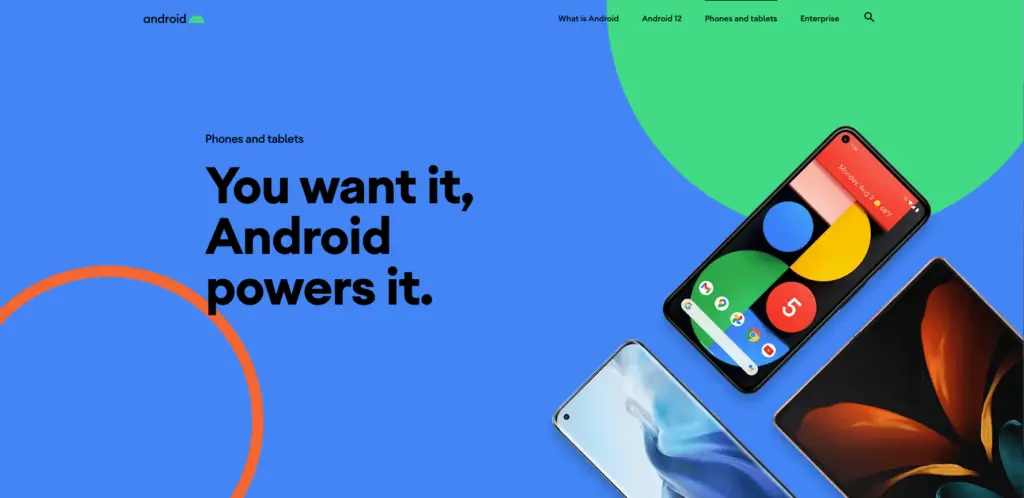Screenshot of Android homepage saying: You want it, Android powers it