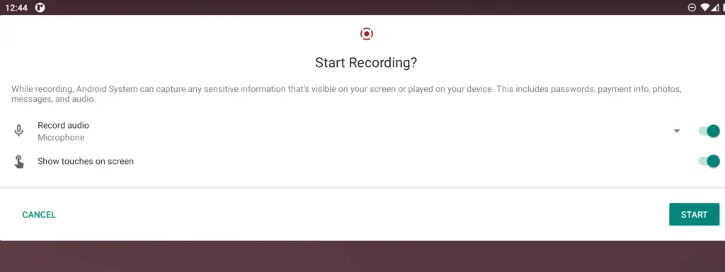 Screenshot showing Samsung options for screen recording before recording starts