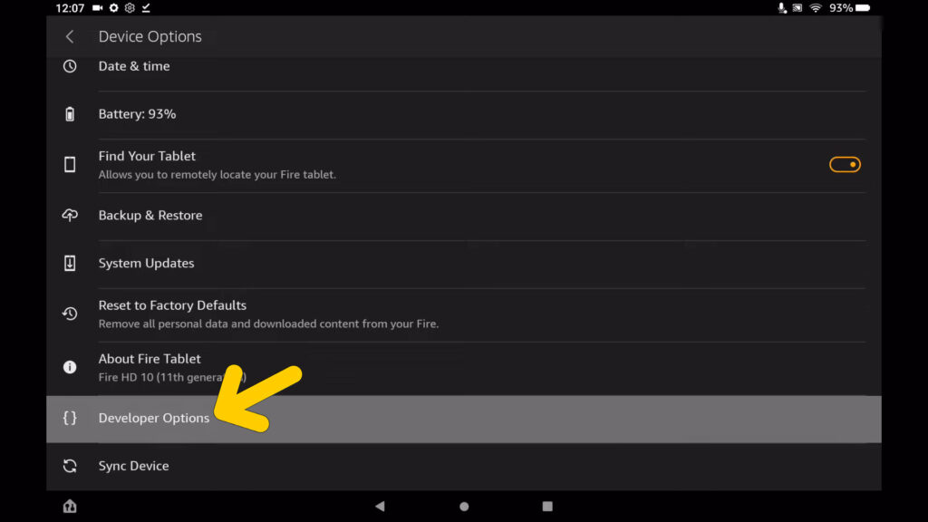 Fire tablet Developer Option