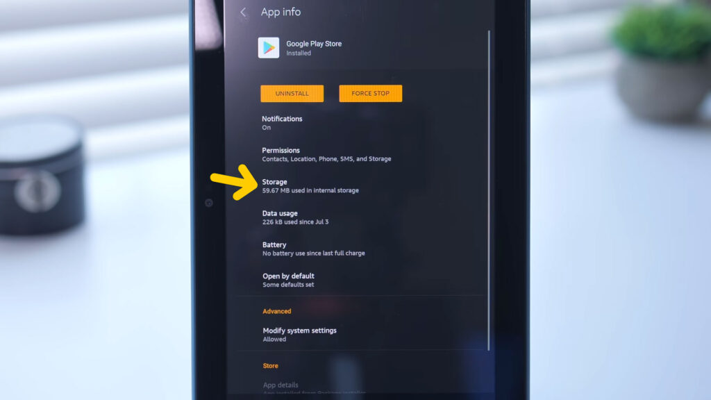 play store Storage section in Fire tablet