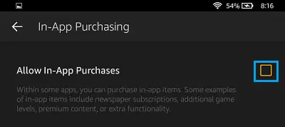 Disable In-App Purchasing in amazon fire tablet
