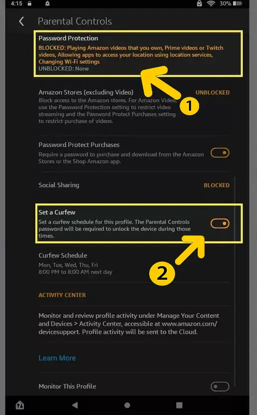 Set A Curfew in amazon fire tablet